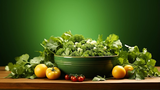 A bowl of salad on a green background