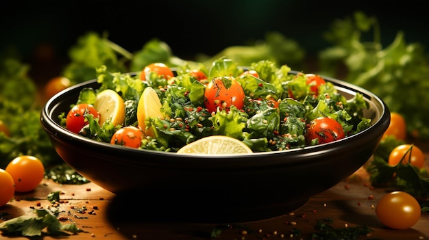 A bowl of salad on a green background