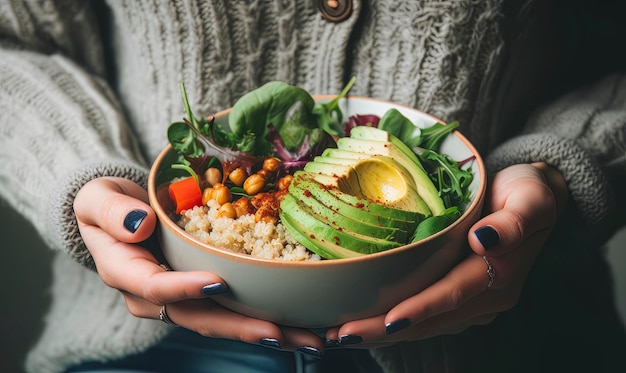 Photo a bowl of salad with avocado and chickpeas