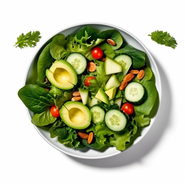 A bowl of salad with avocado, cucumber, and almonds.