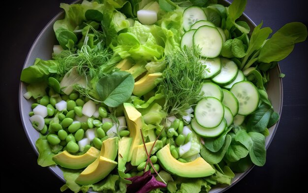 A bowl of salad with avocado, cucumber, and peas.