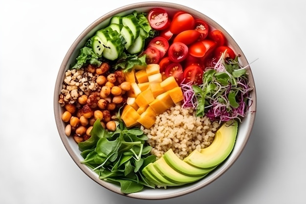 A bowl of salad with avocado, tomatoes, and cucumbers.