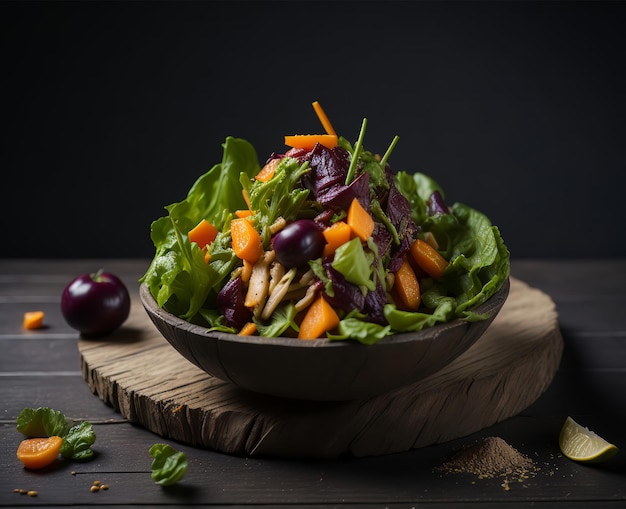 A bowl of salad with a black background