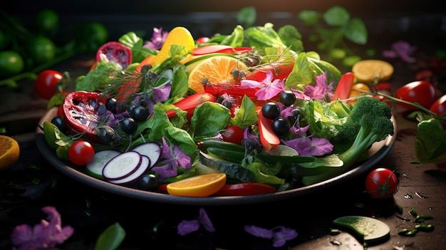 Photo a bowl of salad with a black bowl of vegetables and fruits