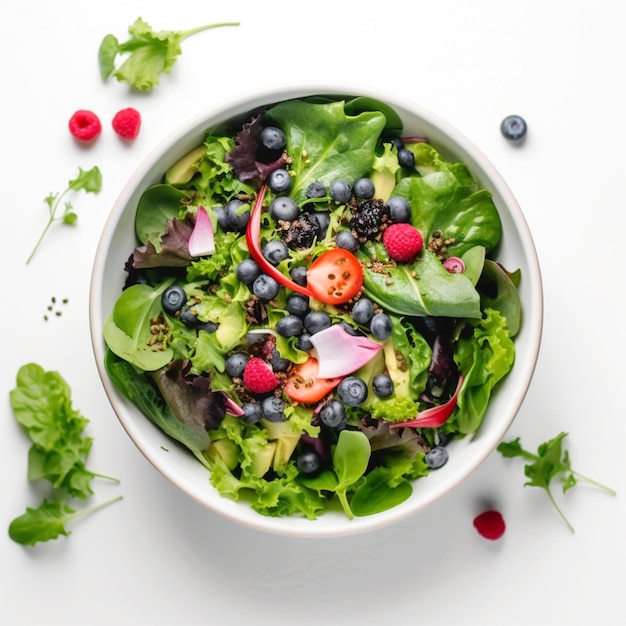 A bowl of salad with blueberries and blueberries on a white background.