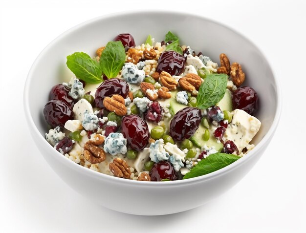 A bowl of salad with blueberries and walnuts in it.