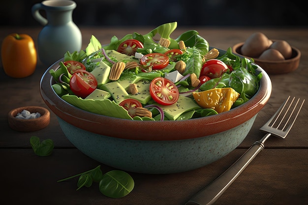 A bowl of salad with a bowl of vegetables on it