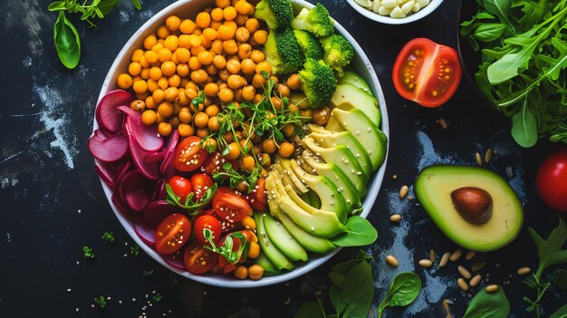 Foto una ciotola di insalata con un mucchio di verdure e una ciottola di fagioli