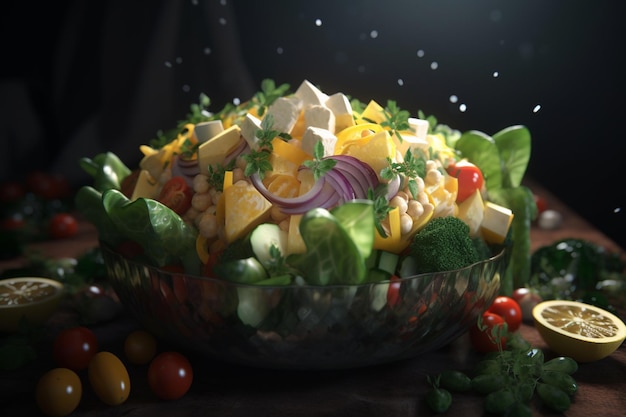 A bowl of salad with cheese, tomatoes, cucumbers, and other vegetables