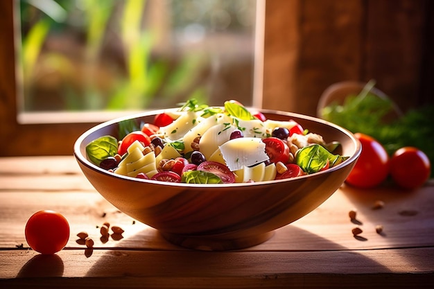 A bowl of salad with cheese and tomatoes on a table