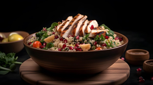 A bowl of salad with chicken and kale