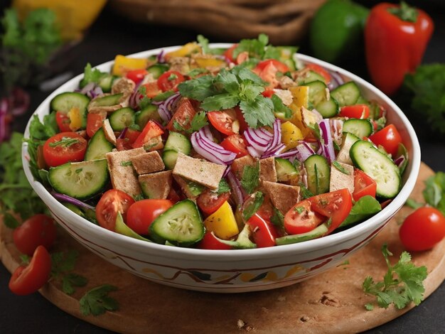 a bowl of salad with cucumbers, onions, and tomatoes.