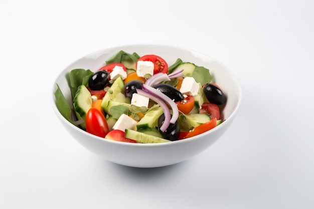 A bowl of salad with feta cheese, cucumber, tomato, and feta cheese.