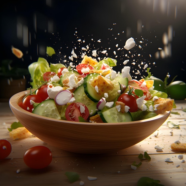 A bowl of salad with feta cheese and tomato sauce.