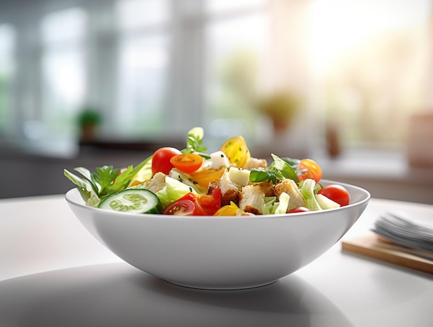 A bowl of salad with a fork and knife on a table.