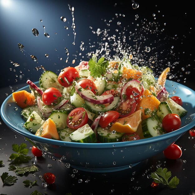 a bowl of salad with fresh vegetables and fruits.