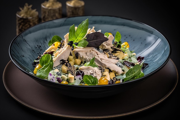 A bowl of salad with a green leafy vegetable and a blue bowl with the word " tea " on it.