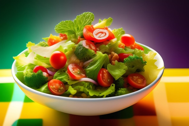Миска салата с зеленым салатом и помидорами черри.
