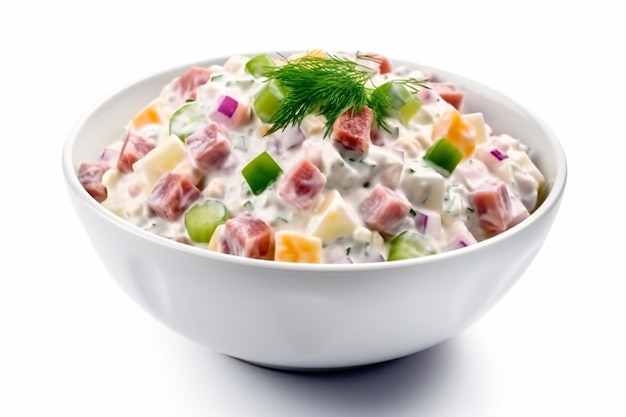 a bowl of salad with ham cucumbers and onions