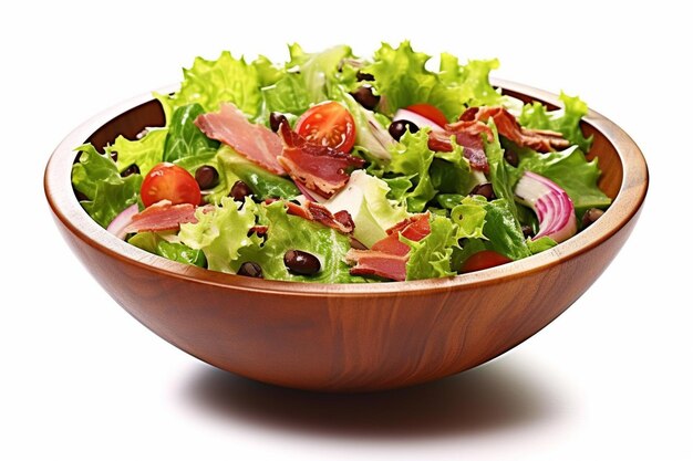 a bowl of salad with ham, lettuce, and olives.