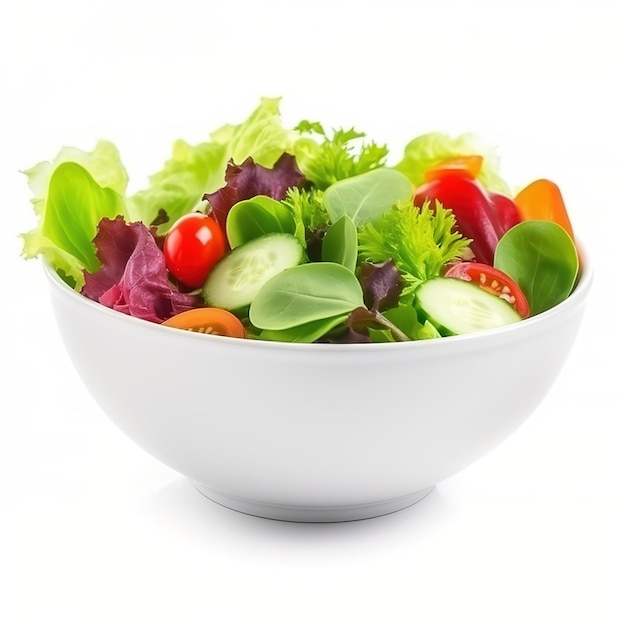 A bowl of salad with lettuce, tomato, and cucumber.