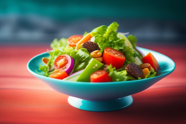 A bowl of salad with a red background