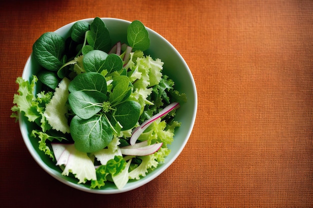 A bowl of salad with a red onion on top.