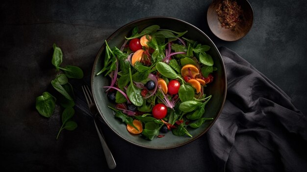 A bowl of salad with red onions and blueberries on a dark table.