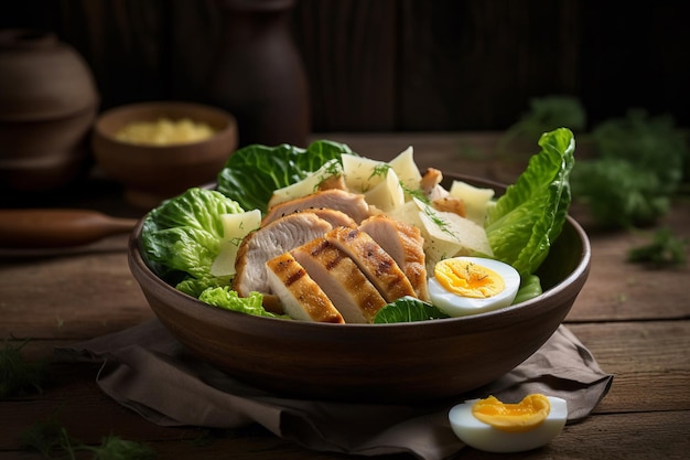 A bowl of salad with a salad of chicken and egg.