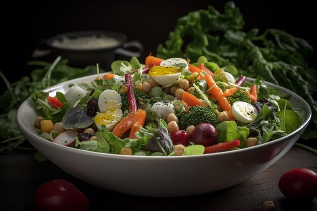 A bowl of salad with a salad of vegetables and chickpeas.