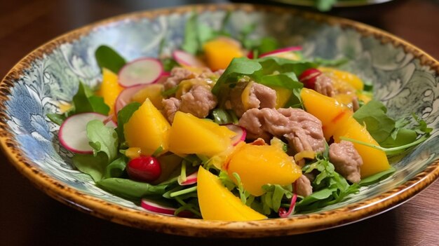 A bowl of salad with salmon and radishes