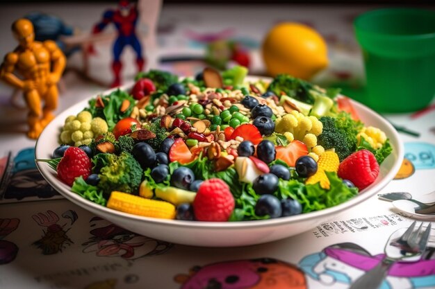 A bowl of salad with a superhero costume on it.