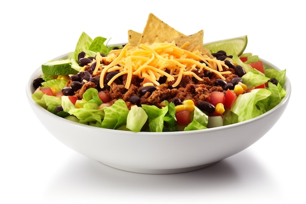 A bowl of salad with a taco salad on top