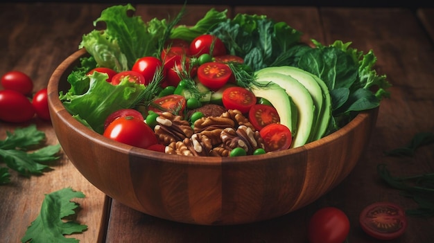 A bowl of salad with a tomato and avocado salad