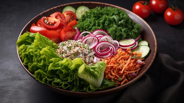 A bowl of salad with a tomato on the side