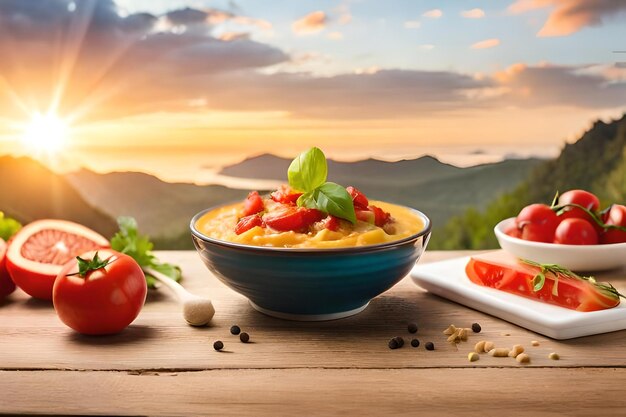 A bowl of salad with tomatoes and cheese on a table