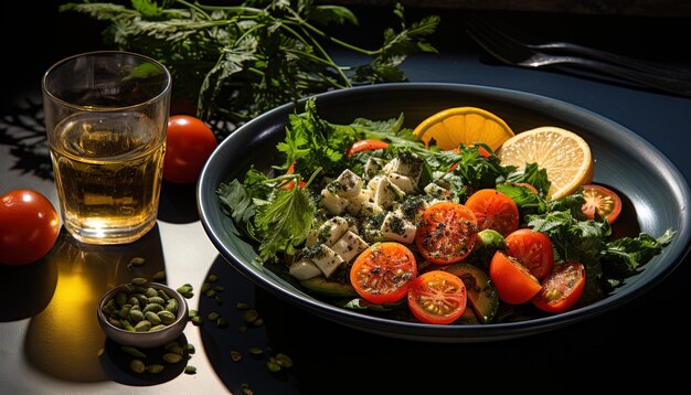 Photo a bowl of salad with tomatoes cucumber and lemons