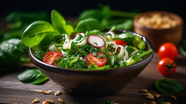 A bowl of salad with tomatoes, cucumbers, and basil