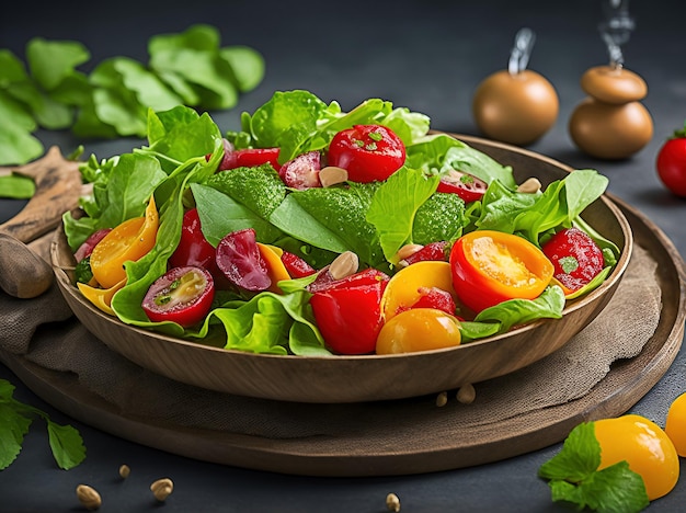 A bowl of salad with tomatoes and cucumbers on a dark background