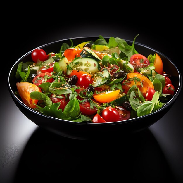 Photo a bowl of salad with tomatoes cucumbers and greens