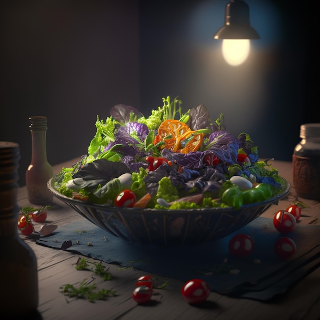 A bowl of salad with tomatoes and other vegetables on a table.