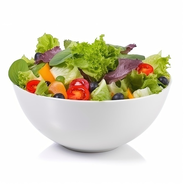 A bowl of salad with a white background