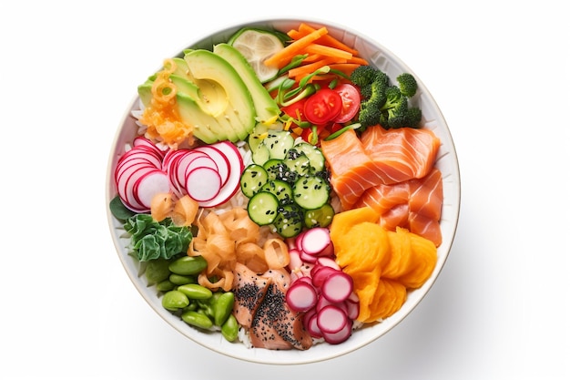 A bowl of salmon, avocado, and cucumber