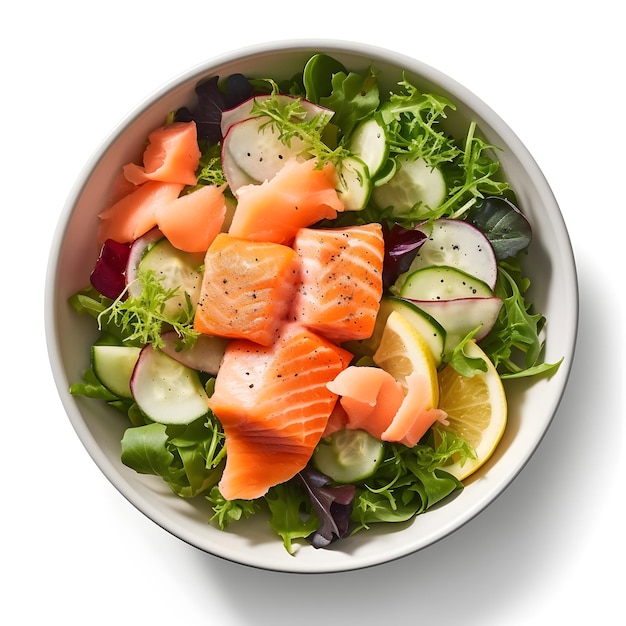 A bowl of salmon and cucumber salad with cucumber and cucumber.