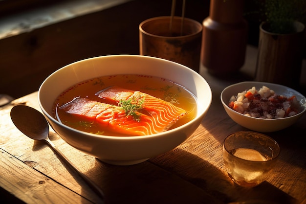 Bowl of salmon soup with a lemon on the side