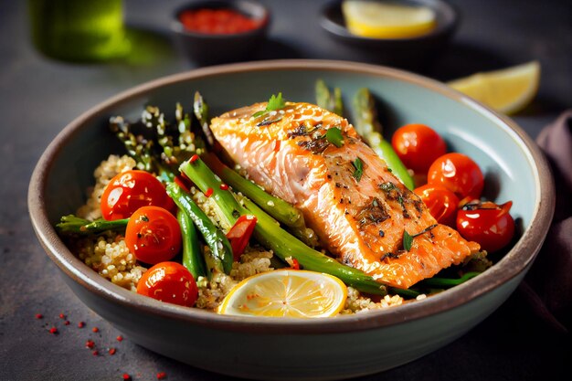 A bowl of salmon with asparagus and lemons.