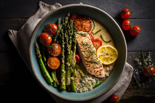 A bowl of salmon with asparagus and tomatoes on the side