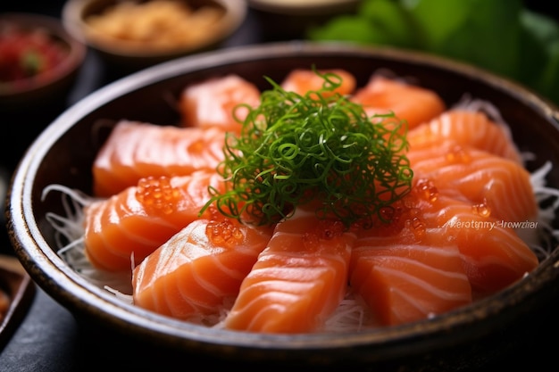 a bowl of salmon with a green vegetable on the top.