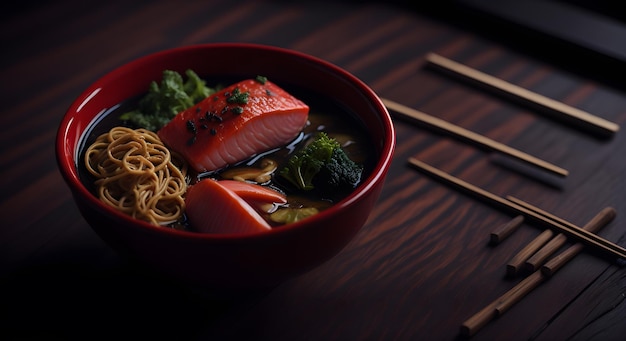 A bowl of salmon with noodles and broccoli.