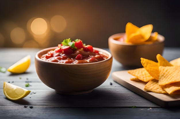a bowl of salsa with chips and a bowl of salsa.